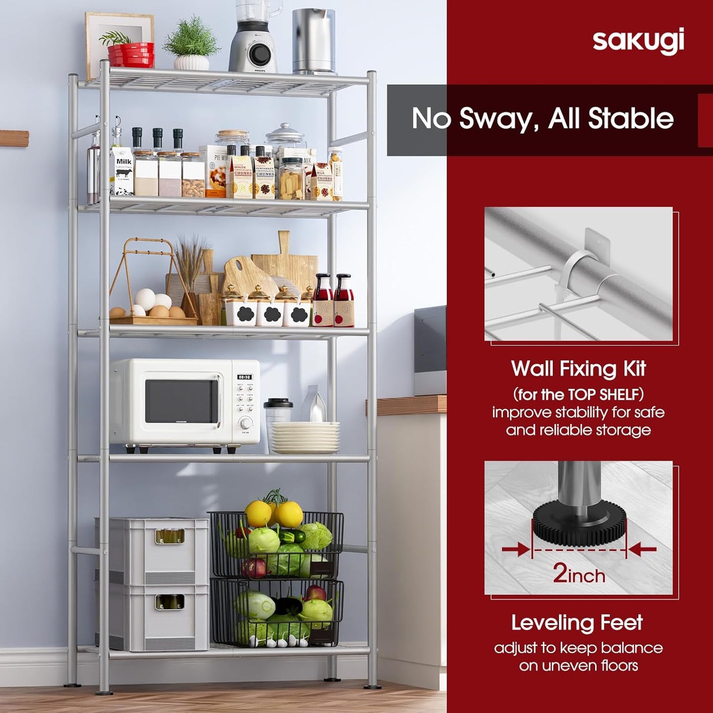 Sakugi Storage Shelves - Heavy Duty 5-Tier Shelf Organizer for Kitchen, Pantry & Garage | 33"W x 12.6"D x 72"H, Silver