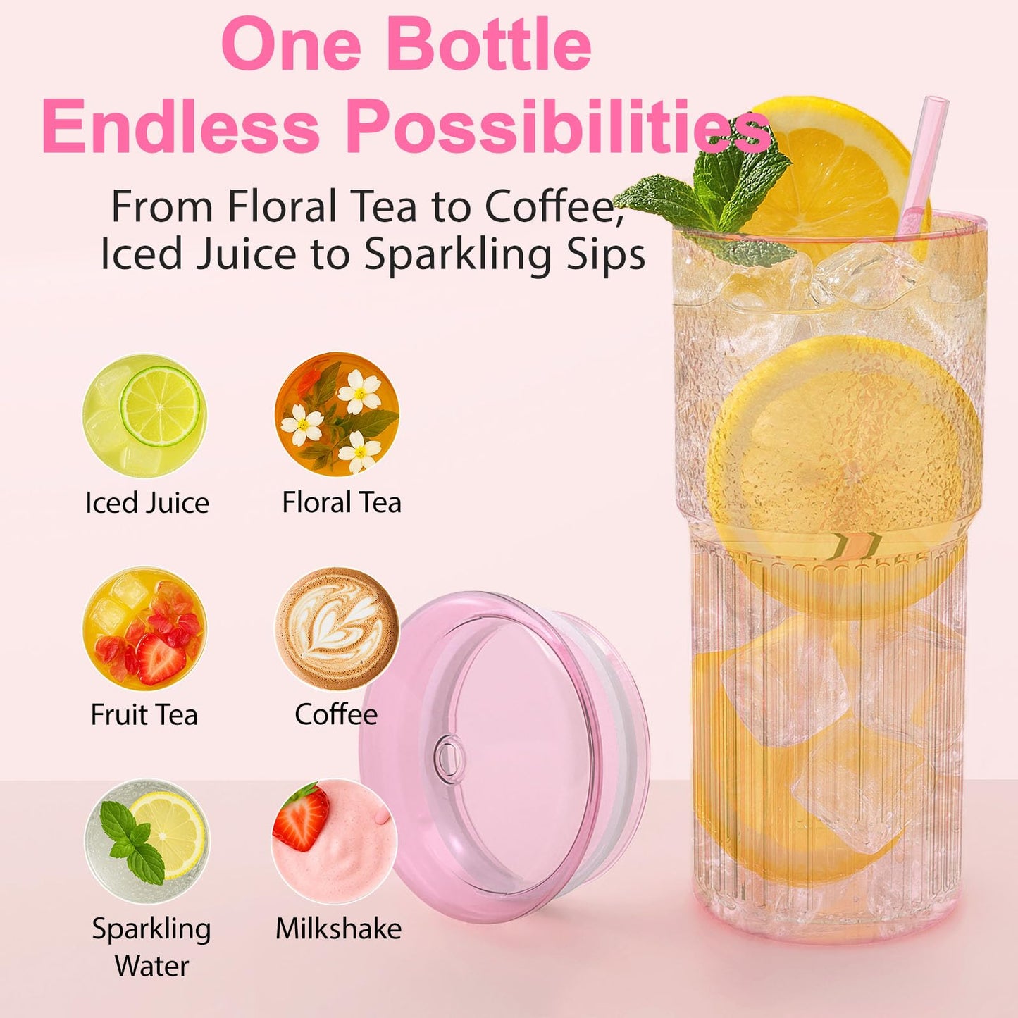 Luiaiog Glass Cups with Lids and Glass Straws, High Borosilicate 20OZ Pink Tumblers (2Pcs) for Coffee, Tea, Juice, Smoothies, Hot & Cold Drinks at Home/Office