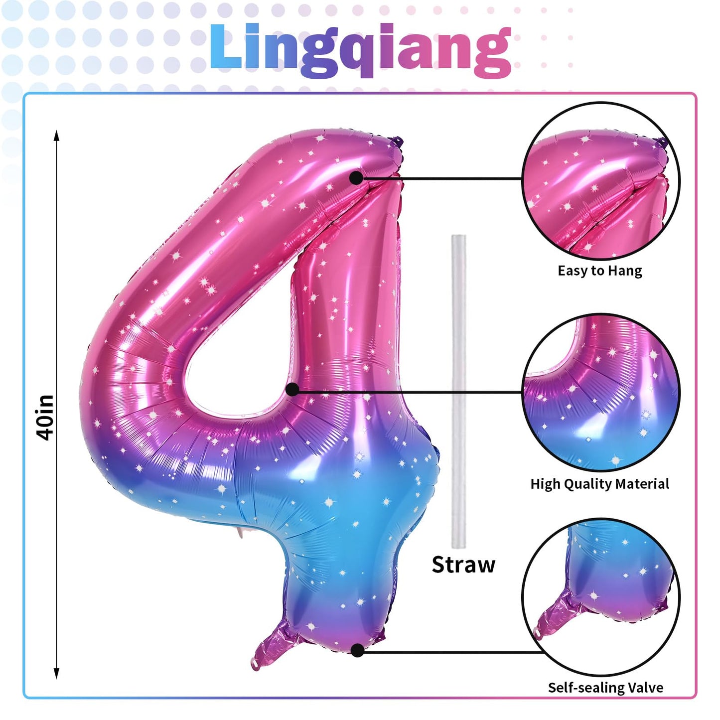 Gradient Rainbow 4 Balloons, 40 Inch Large Blue Pink Purple Foil Number Balloons Set 0-9, Self Inflating Starry Digital 4 Helium Balloon for Girls Women Birthday Anniversary Party Decorations Supplies