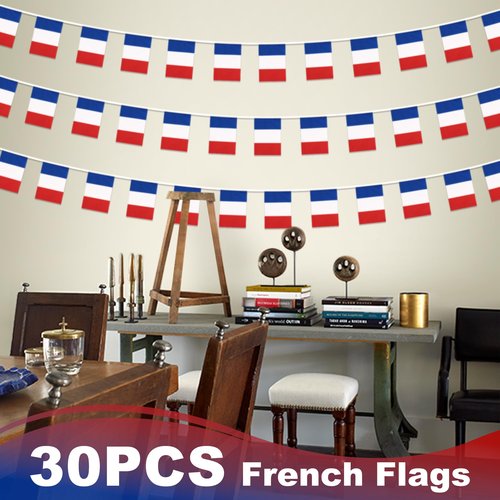 France String Flag Pennant Banner, Small Mini French Flags Bunting Banner, 14th of July French Bastille Day National Country Decoration for School, Party, Sports Events, Festival, 33 Feet 30 Flags