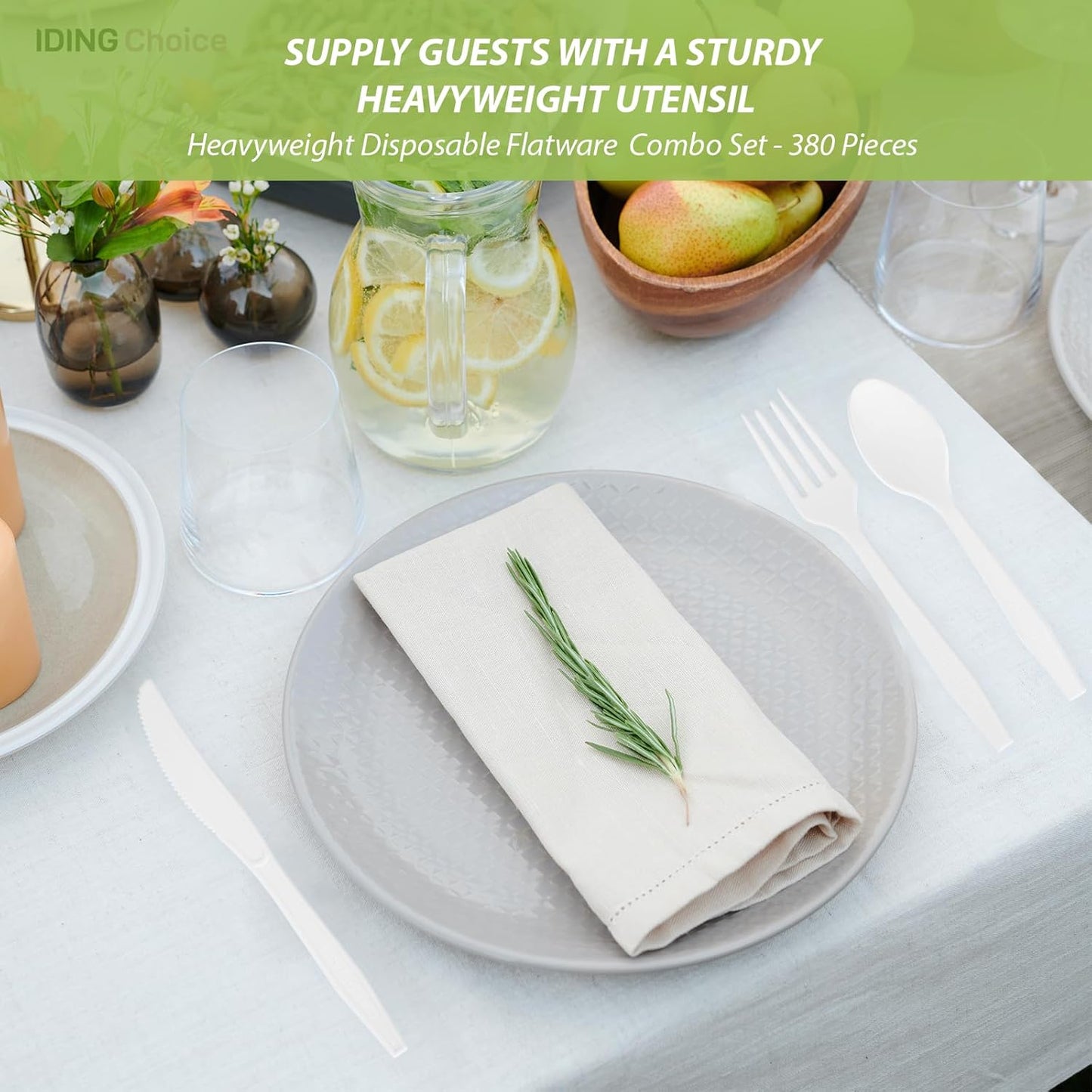 Skiennix Heavy Duty Compostable Cutlery Set - 380 Eco-Friendly Utensils for Weddings, Parties & Camping