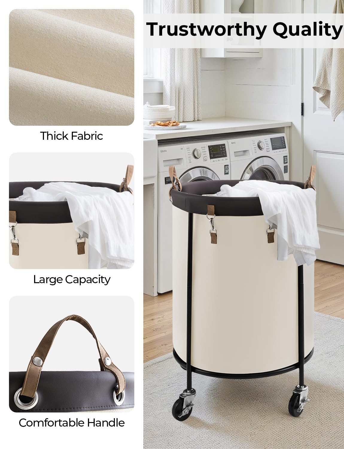 StorageWorks 170L Rolling Laundry Basket, Clothes Hamper with Wheels, Round Clothing Cart with Steel Frame and Removable Bag, 4 Casters and 2 Brakes, Beige, 1-Pack