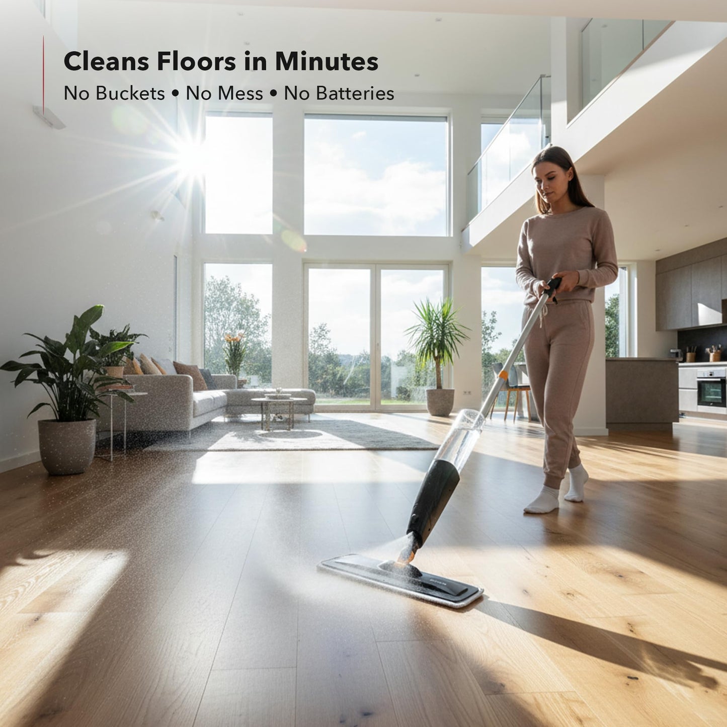 OVENTE Microfiber Spray Mop for Floor Cleaning with Refillable Bottle, Washable and Reusable Pad, 360° Spin Flat Cordless Wet Scrubber for Hardwood, Ceramic, Laminate and Vinyl Tiles, Black CTM121BGD