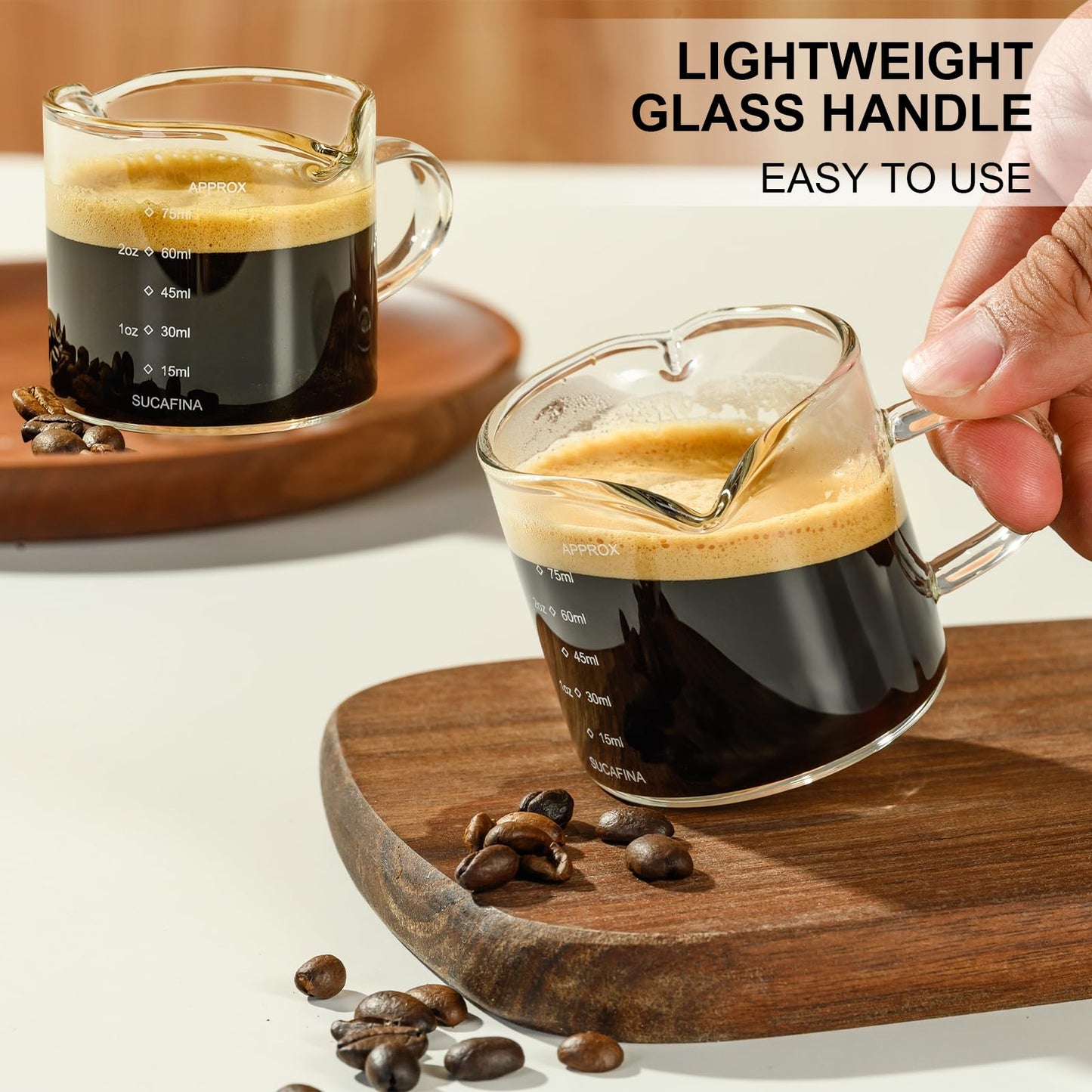 PARACITY Espresso Cup with Handle set of 2, Double Spout Glass Measuring Cup with Dual Scale, Espresso Shot Glass with V-Shaped Mouth, Clear Glass Milk Frothing Pitcher, Espresso Accessories