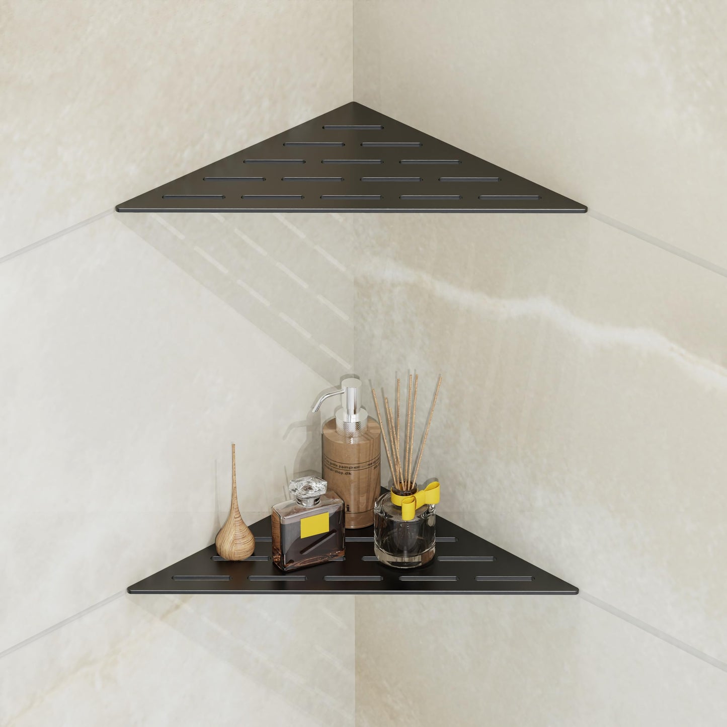 Peaktrivol Corner Shower Caddy Shelf, Recessed Built-in Bathroom Storage for Tiled 90° Walls, Matte Black 304 Stainless Steel, Set of 2