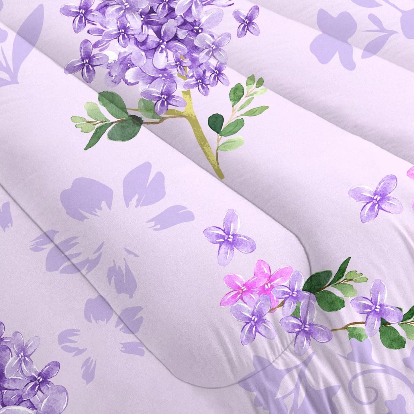 FUYEUN Floral Bedding Set King: Purple Lilac Flower Comforter for Girls Women Kids Teens Bedroom Bed Bedspread Quilt,1 Comforter + 2 Pillow Cases