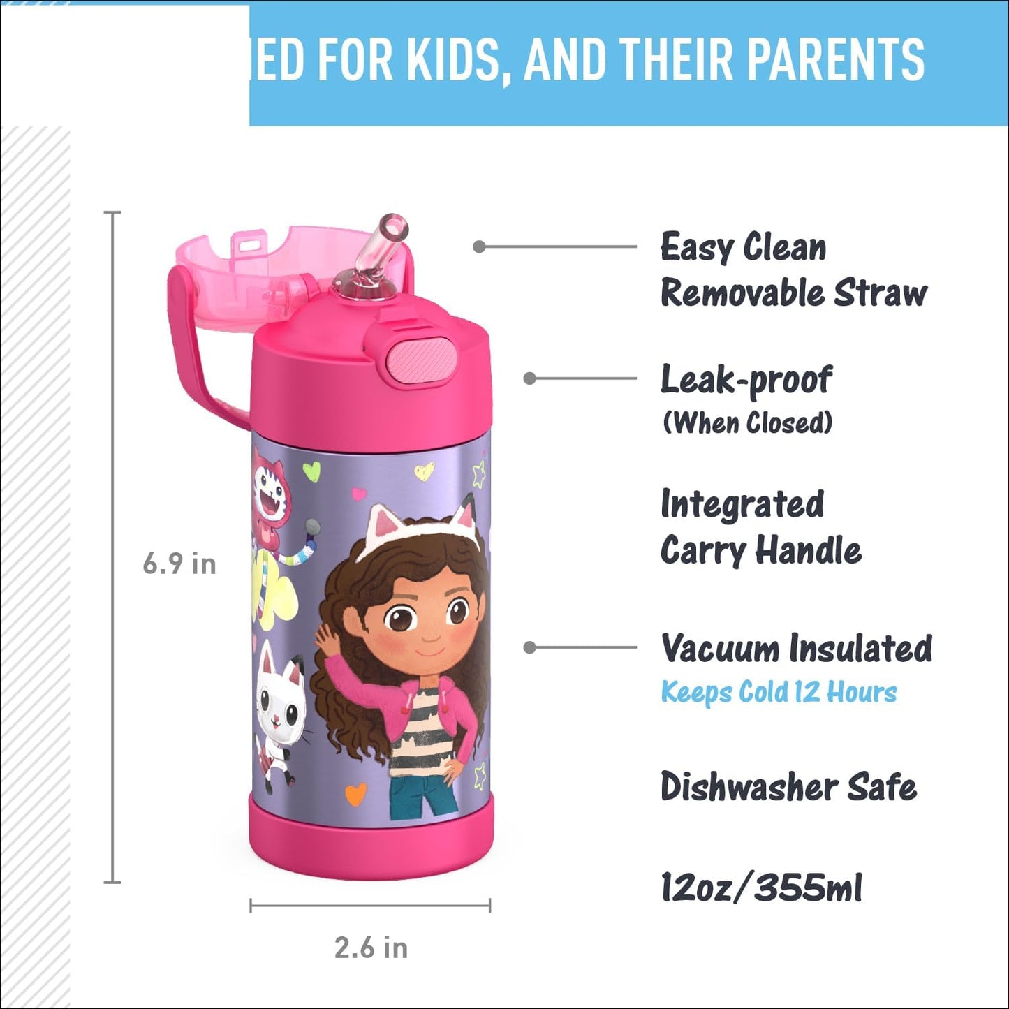 THERMOS FUNTAINER Water Bottle - 12 Ounce Kids Stainless Steel Vacuum Insulated with Straw | Gabby’s Dollhouse