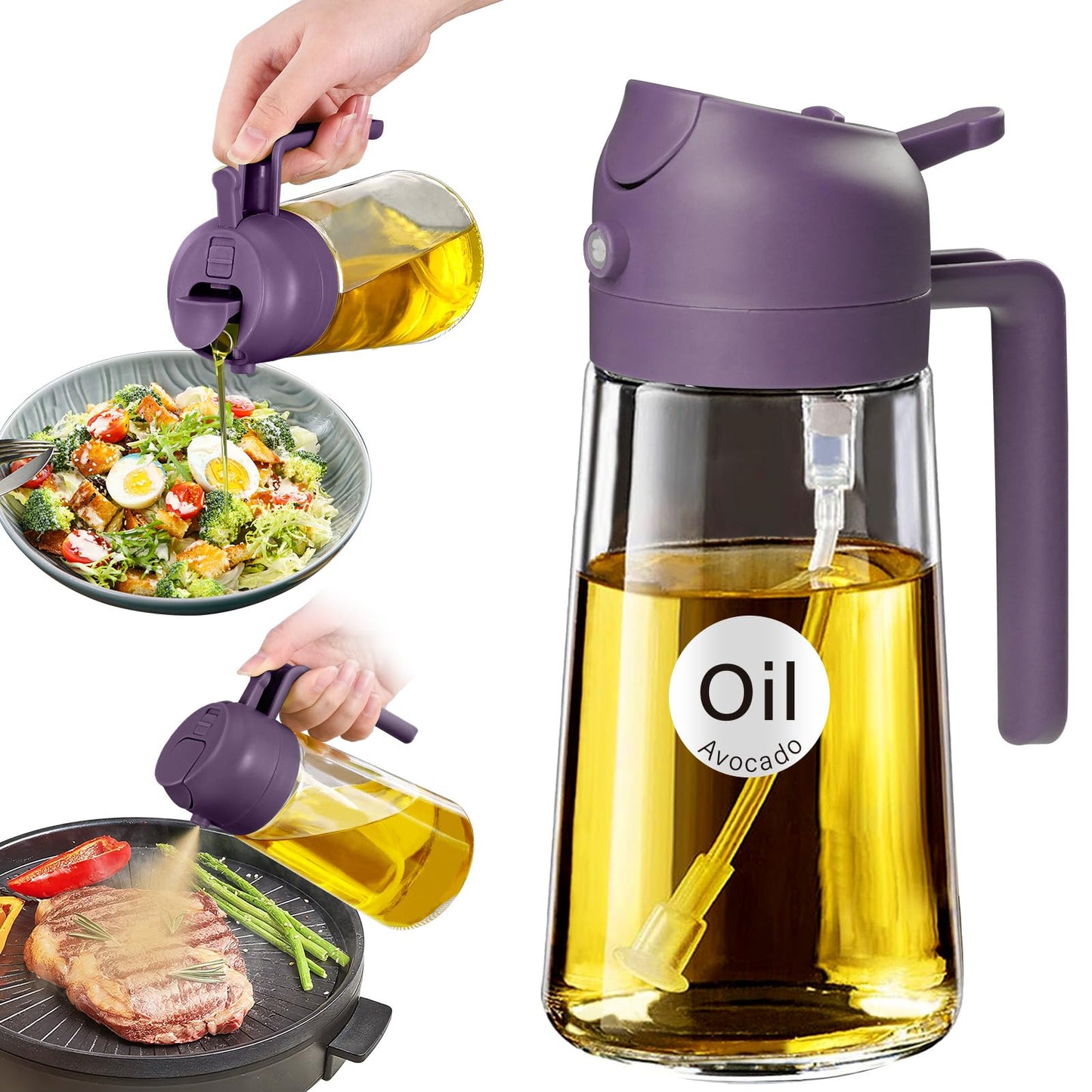 YARRAMATE 16oz/470ml Glass Olive Oil Sprayer for Cooking with Stickers, 2 in 1 Oil Dispenser for Kitchen Gadgets, Food Grade Premium Spray Bottle with Portion Control for Salad, BBQ (Purple)