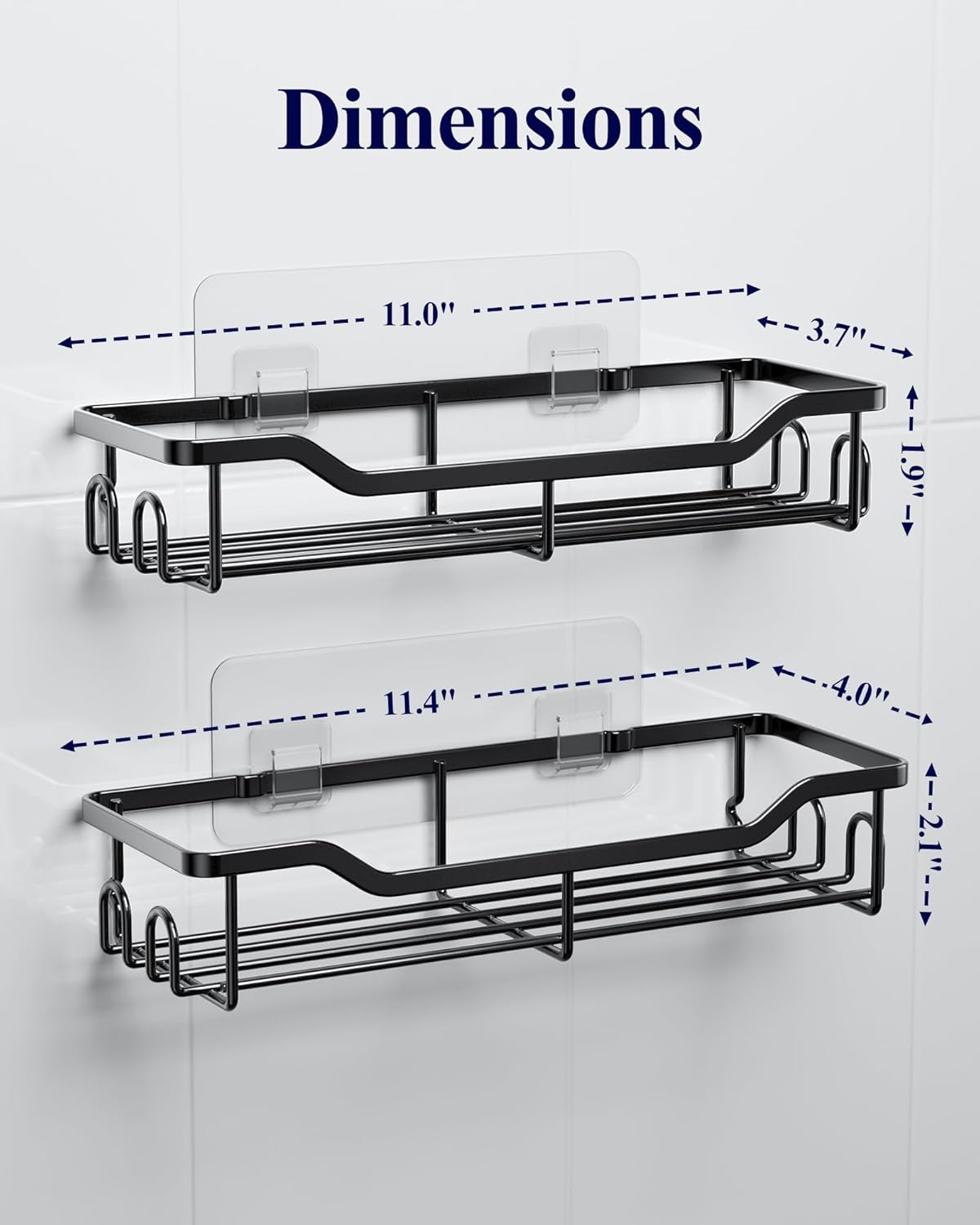 Kitsure Shower Caddy - Large Adhesive Organizer | Stainless Steel Shelf for No-Drill Bathroom Storage, 2 Pack, Black