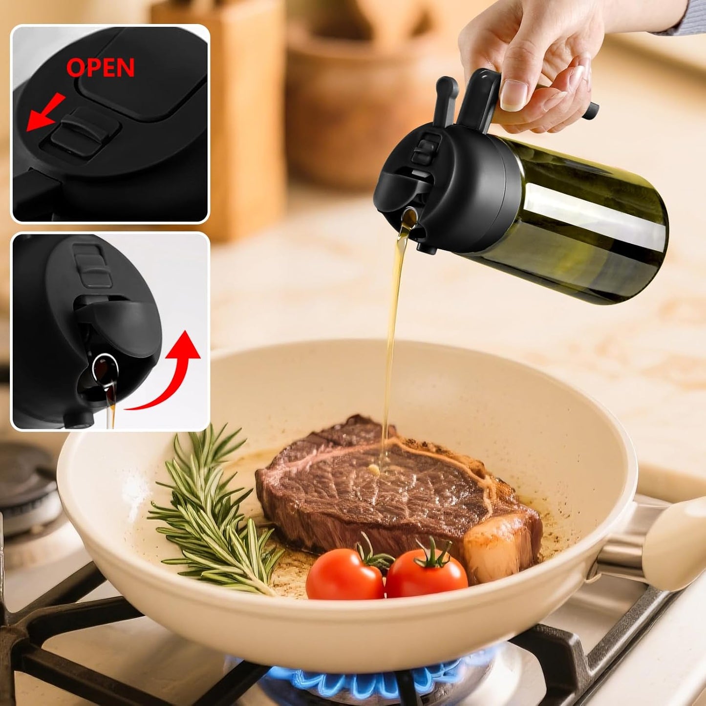 Sweet View Olive Oil Dispenser & Sprayer - 16oz Light-Proof Glass Pourer for Cooking & BBQ