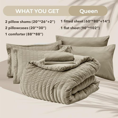 HYMOKEGE Queen Comforter Set - Luxury 7-Piece Linen Bedding Set with Seersucker Design | All-Season Comfort