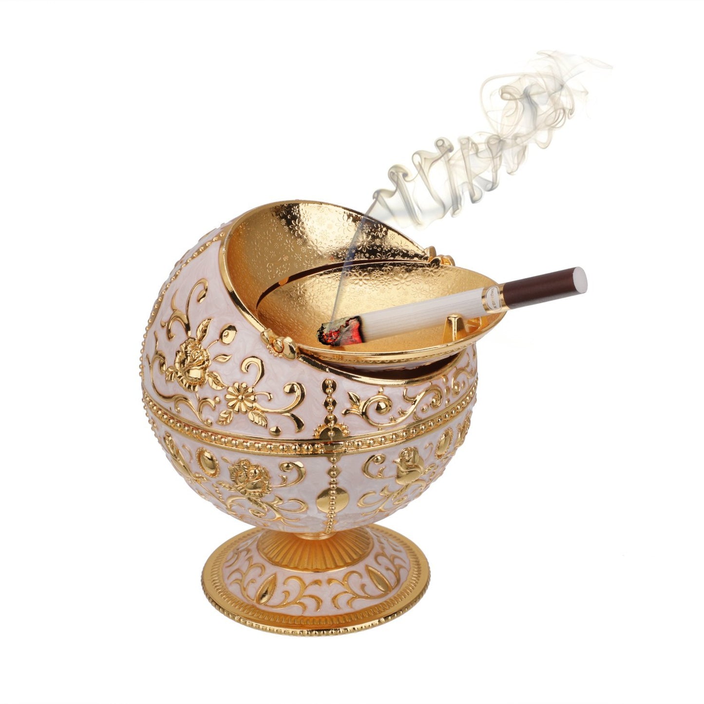 LAUYOO Windproof Ashtray with Lid for Cigarettes Metal Portable Cigar Ashtray Odor Eliminator for Indoor outdoor Hand Stamped Rose Pattern with Sparkle Fancy Gift for Men Women(Jade white-Gold Rose)