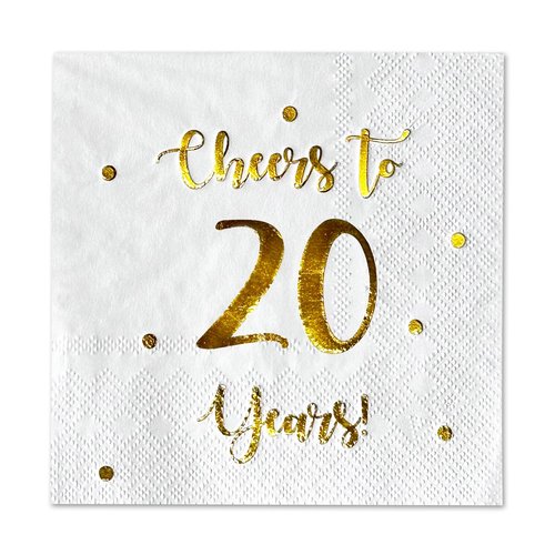 Cheers to 20 Years Cocktail Napkins | Happy 20th Birthday Decorations for Men and Women and Wedding Anniversary Party Decorations | 50-Pack 3-Ply Napkins | 5 x 5 inch Folded (White)