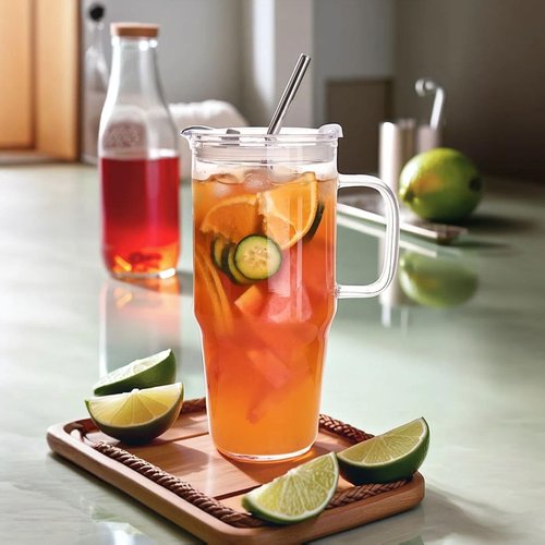 33oz Glass Tumbler with Lid and Straw, 4 Pack Glass Cup with Handle, Iced Coffee Cups, Thick Drinking Glasses Set, Clear Travel Mug for Hot and Cold Beverage, Drinks, Tea, Smoothie