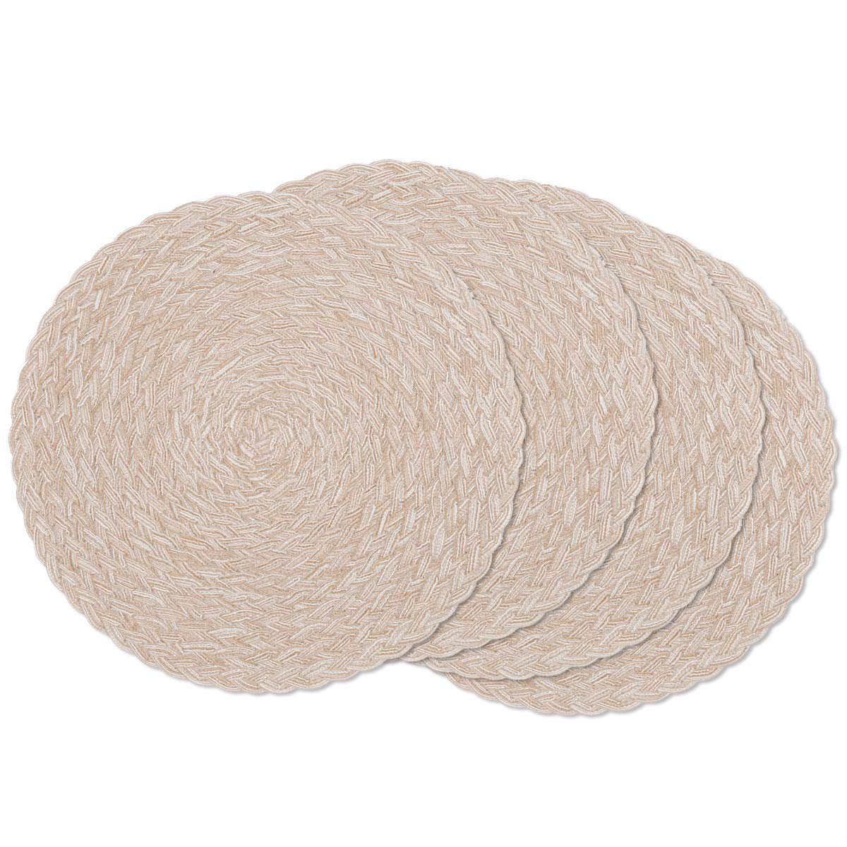 SHACOS Round Braided Placemats 15 inch Set of 4 Boho Woven Washable Kitchen Table Placemats for Home Wedding Party (T-Beige, 4)