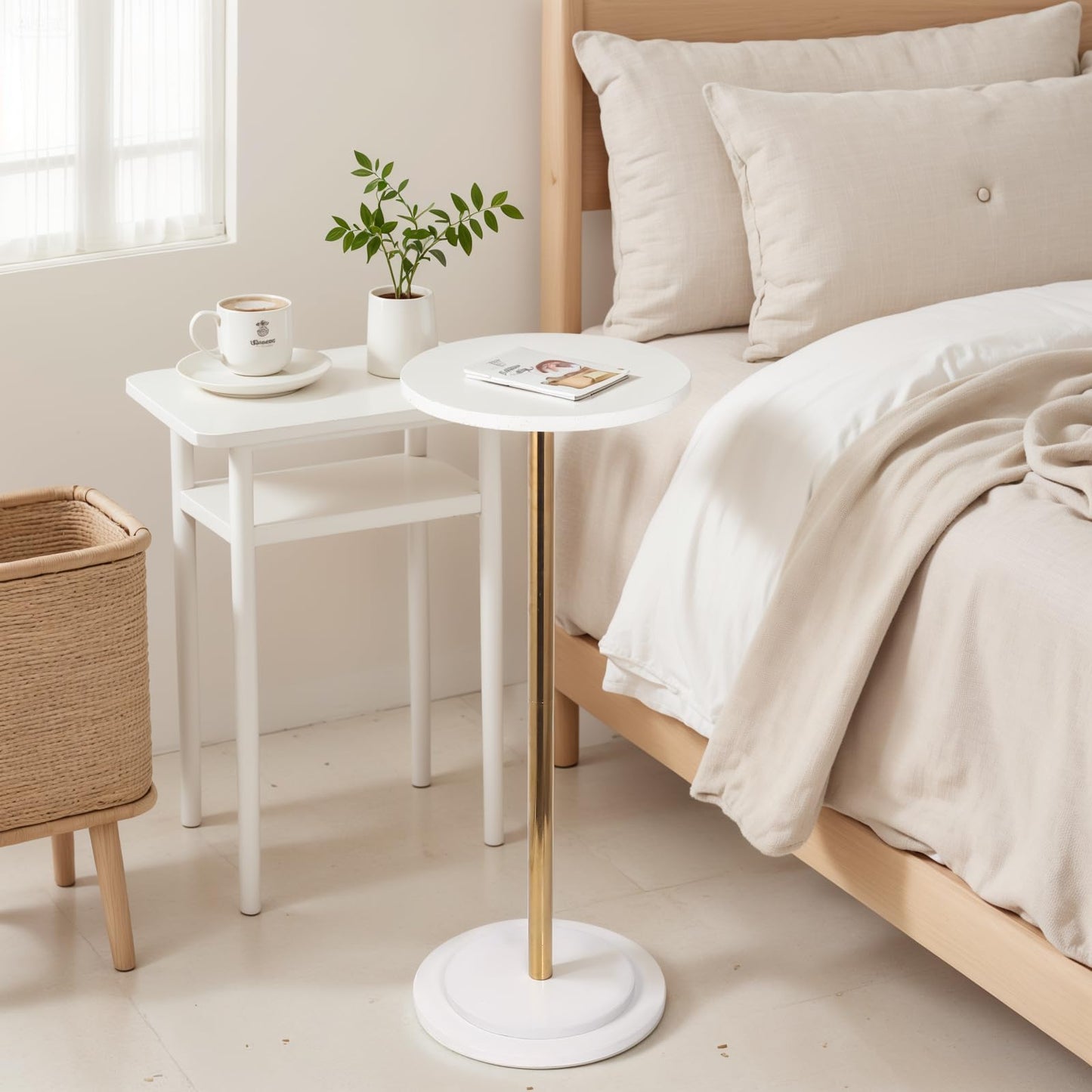 OIKASSU Premium Stone Round Drink Table,Heavy Duty Stone Base Top Pedestal,Cocktail Accent End Table for Living Room,Waterproof, Weighted Base Small Accent Side Table for Small Space Office,White