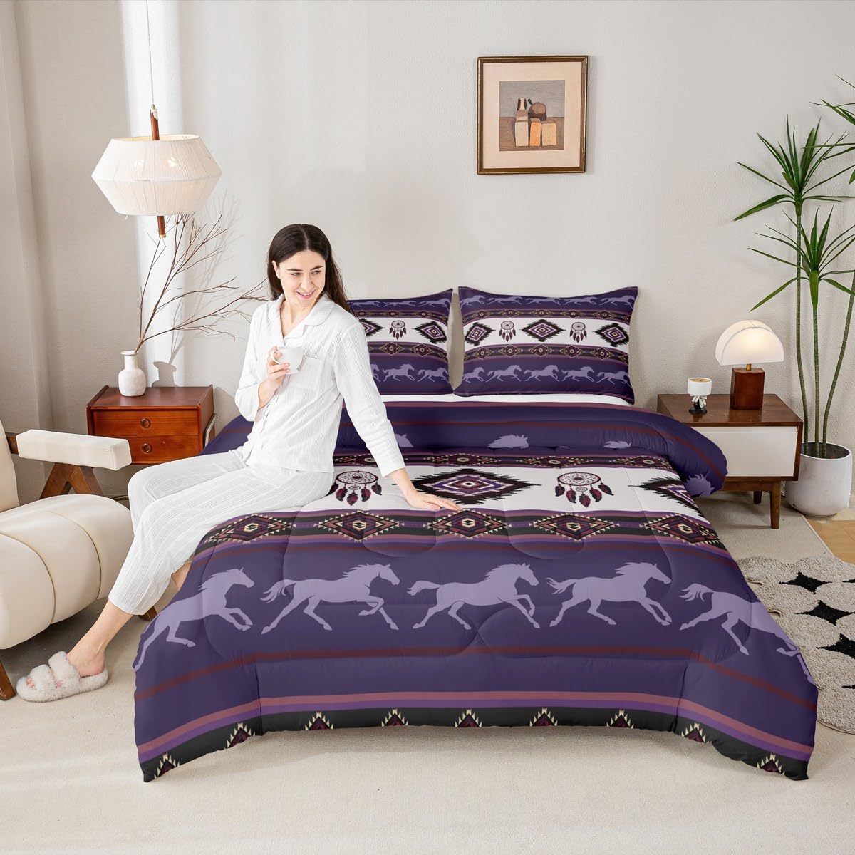 Castle Fairy Boho Aztec Kids Comforter Set Twin Size,Southwest Native Tribal Exotic Reversible Bedding Sets for Teens Bedroom Decor,American Ethnic Purple Horse Quilted Duvet,1 Pillowcase