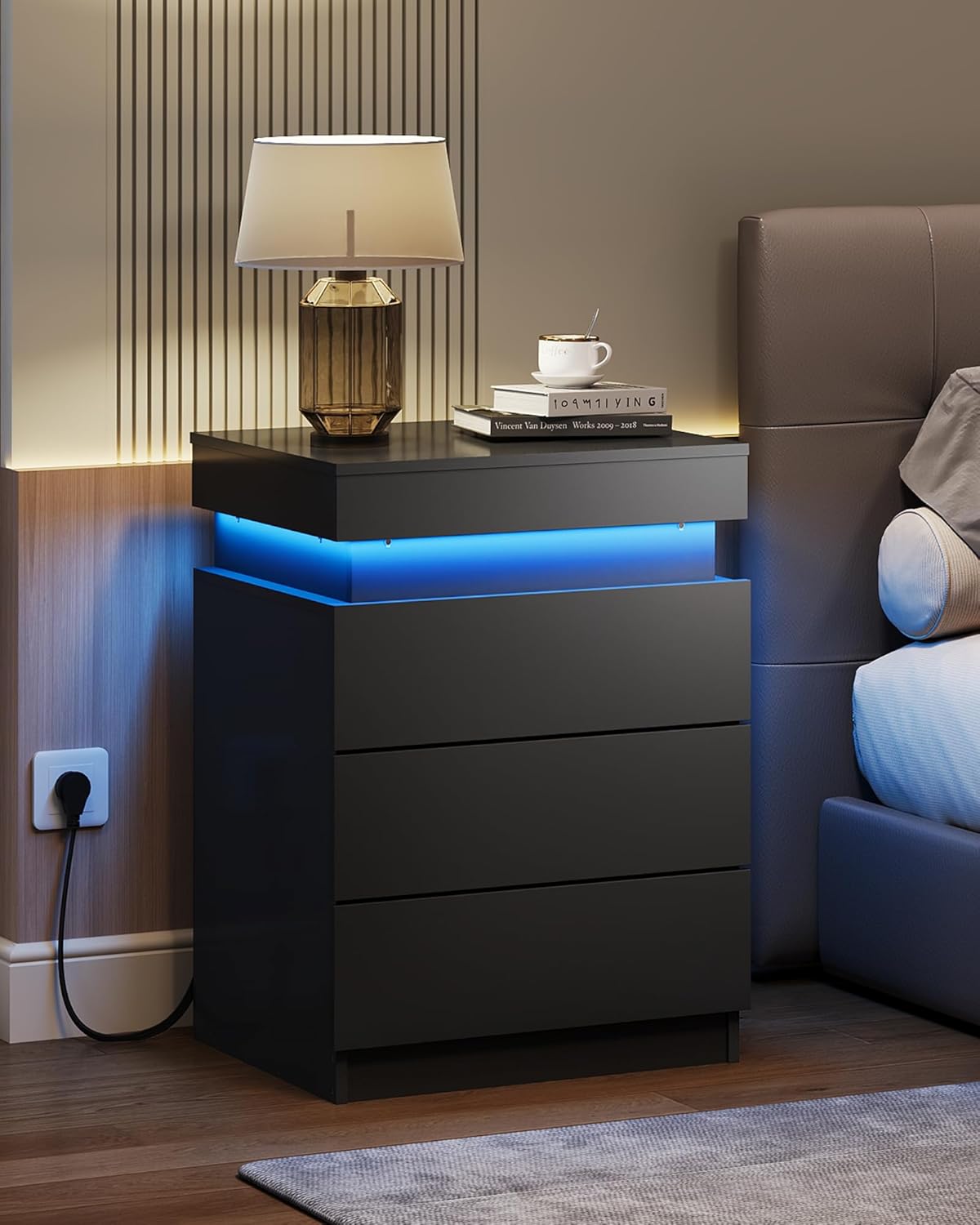 WLIVE Black Nightstand - Modern Bedside Table with Charging Station & LED Lights, 3 Drawers