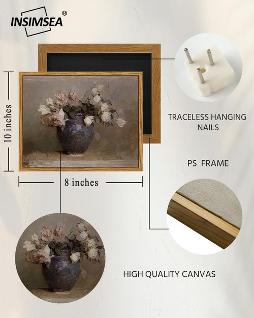 InSimSea Framed Canvas Print - Roses in Vase Classical Oil Painting | 8x10in Wall Art for Bedroom & Living Room Decor