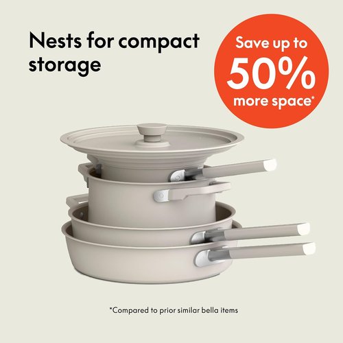 Bella 9-Piece Ceramic Nonstick Cookware Set - Dishwasher & Oven Safe | Stackable Design, Cool Touch Handles, Oatmilk
