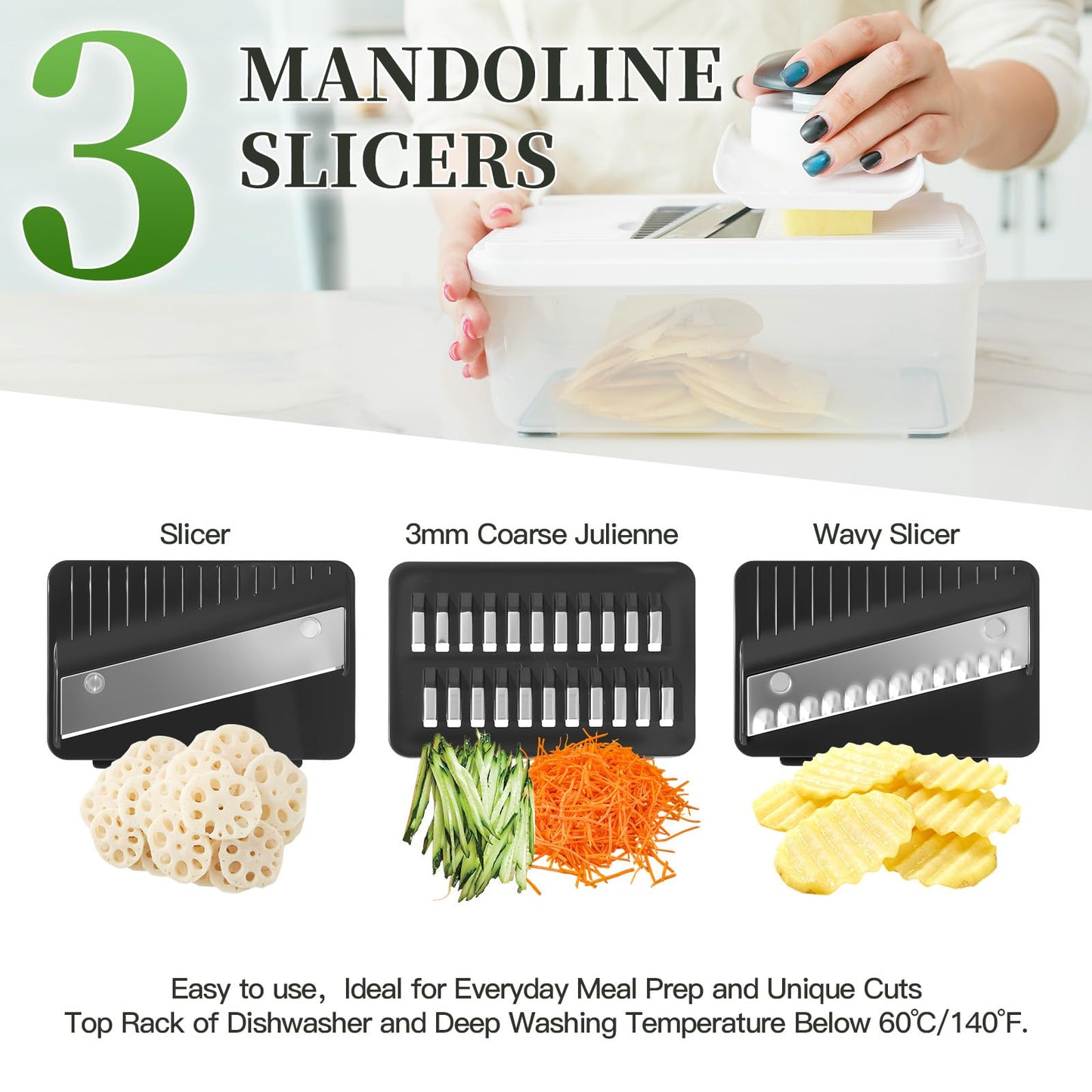 14-In-1 Chopper Vegetable Cutter with 7 Blades, Vegetable Chopper with Container and Lid, Mandoline Slicer for Kitchen, Veggie Slicer for Salad, Cheese Grater, Kitchen Gadgets Accessories Essentials