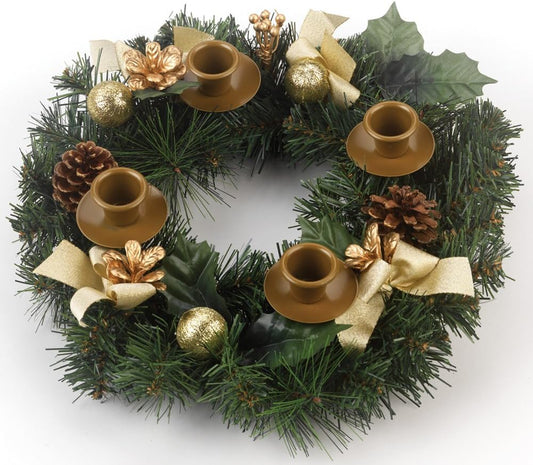Vermont Christmas Company Traditional Advent Wreath - White Ribbons & Pine Cones - Durable Candle Holder