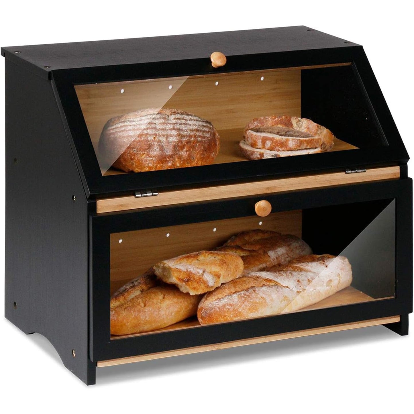 HOMEKOKO Double Layer Large Bread Box for Kitchen Counter, Wooden Large Capacity Bread Storage Bin (Rustic White)