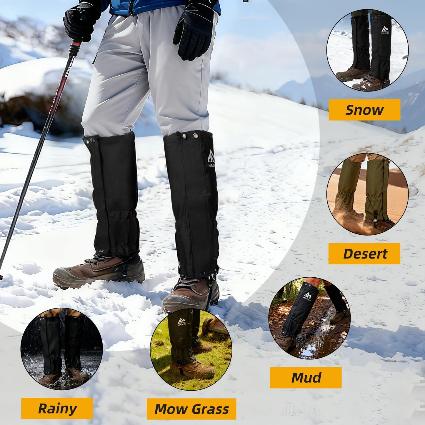 MAJWILD Adjustable Leg Gaiters, Waterproof Snow Boot Gaiters for Men Women with Hiking, Walking, Hunting, Snowshoeing, Climbing (Black, Large)