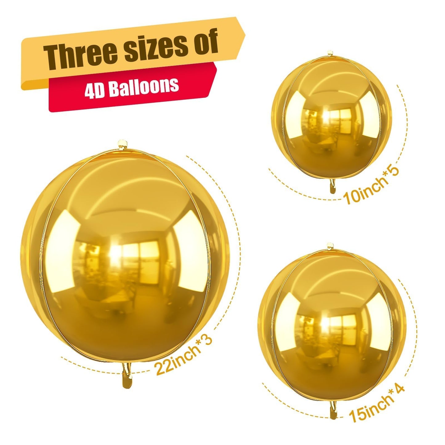 12Pcs Gold Round Foil Balloons, 22" 15" 10" 4D Ball Balloons, Metallic Gold Foil Balloon for Birthday Graduation Wedding Anniversary New Year Eve Disco Party Backdrop Decorations