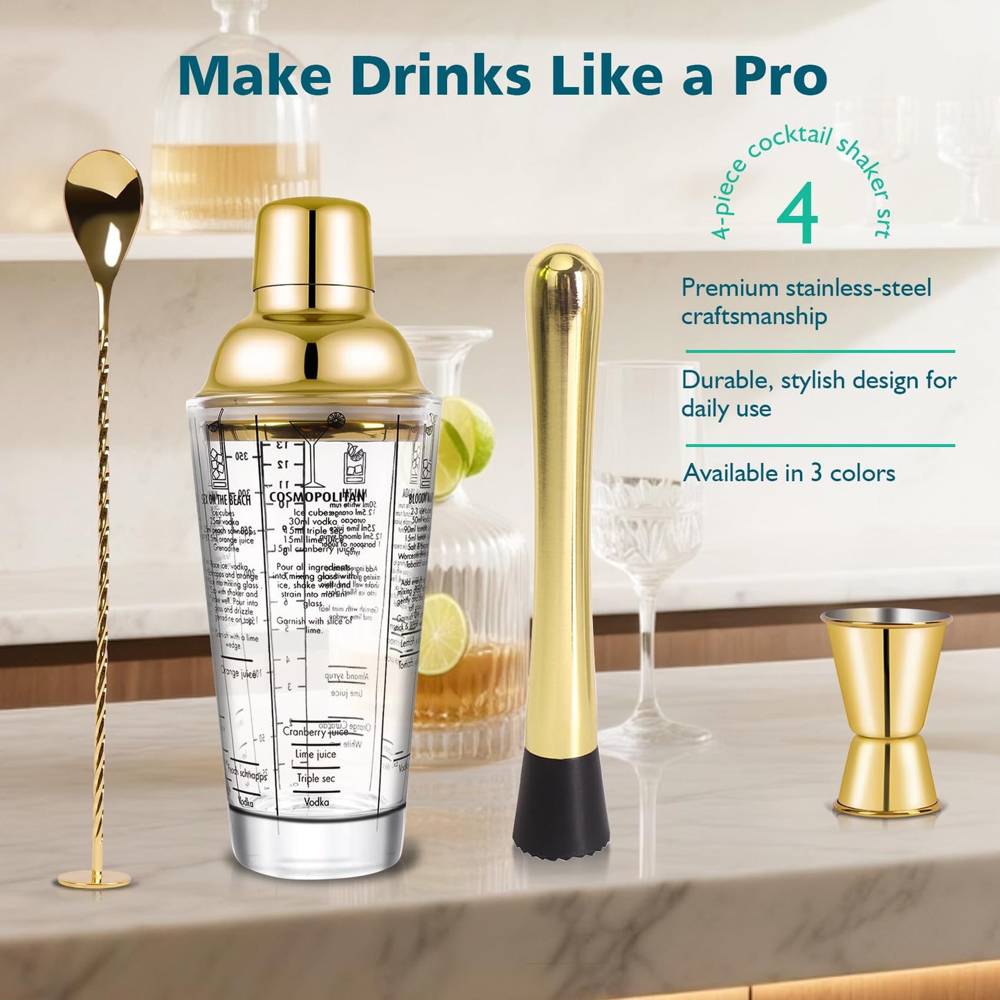 SAVORLIVING 14oz Glass Cocktail Shaker Set, 4PCS Bartender Kit, Martini Mixer Shaker with Built-in Strainer, Mixing Spoon, Measuring Jigger & Muddler, Bar Tool Set for Beginners Use (Gold)