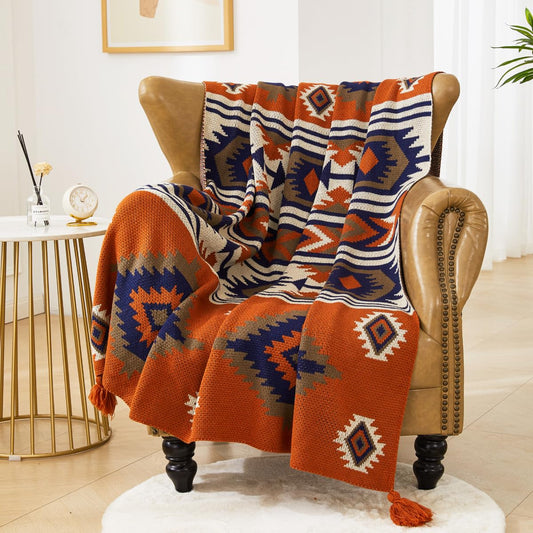 Chair Throw Blankets, Acrylic Knitted Southwest Tribal Bed Throws Couch Sofa Blanket, Native American Southwestern Soft Warm Throw Navaho Living Room Bedroom (Rusted Brown Navy White, 60”x80”)