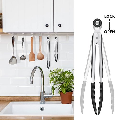 HOTEC Premium Stainless Steel Locking Kitchen Tongs with Silicon Tips, Heat Resistant Cooking Tongs Set of 3-7", 9" and 12" (Black)