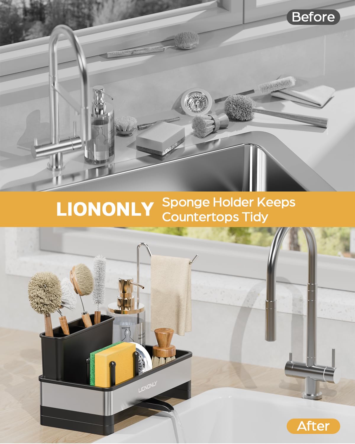 LIONONLY Sponge Holder for Kitchen Sink, 304 Stainless Steel Sink Caddy with Auto Drain Tray, Kitchen Sink Organizer with Towel Brush Holder for Countertop, Soap Dispenser Storage Accessories