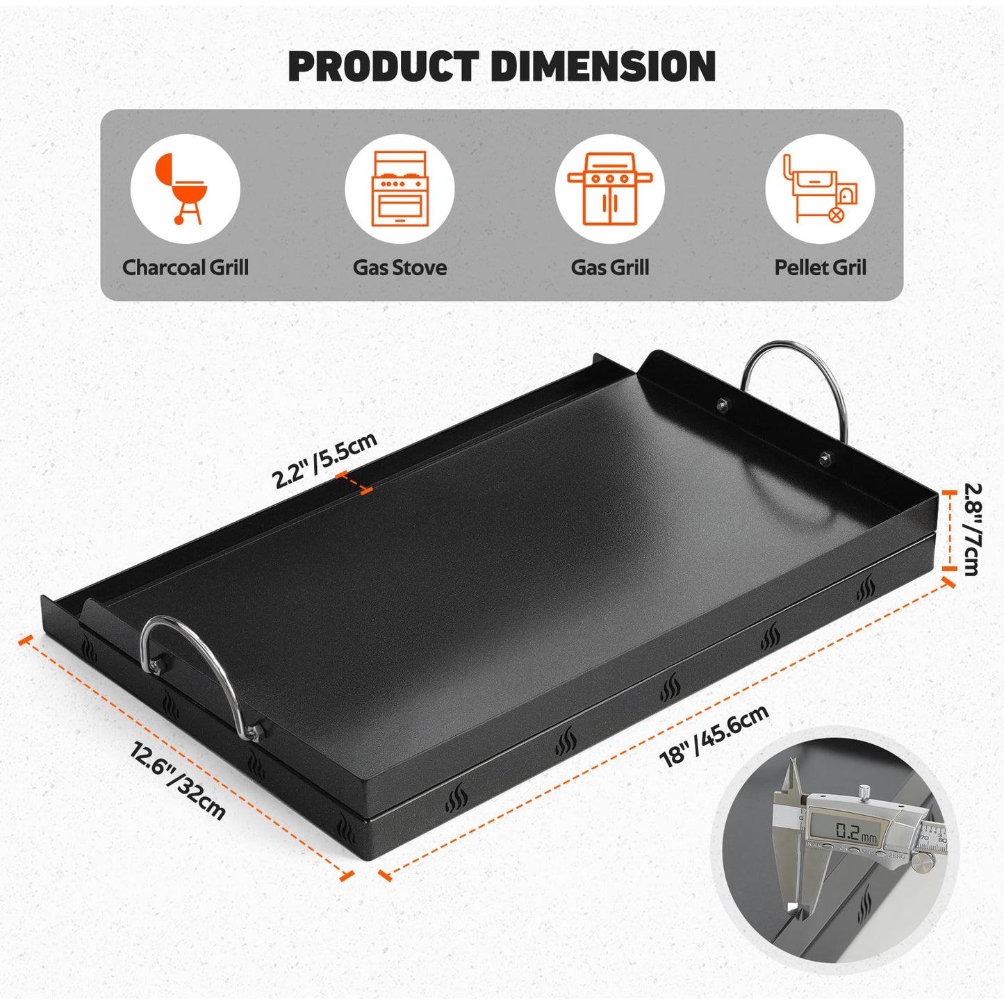Onlyfire Universal BBQ Griddle with Handles for Most Grills, Ceramic Coated Non-stick Flat Top Griddle for Outdoor Cooking, 18"L x 12.6"W x 2.8"H "