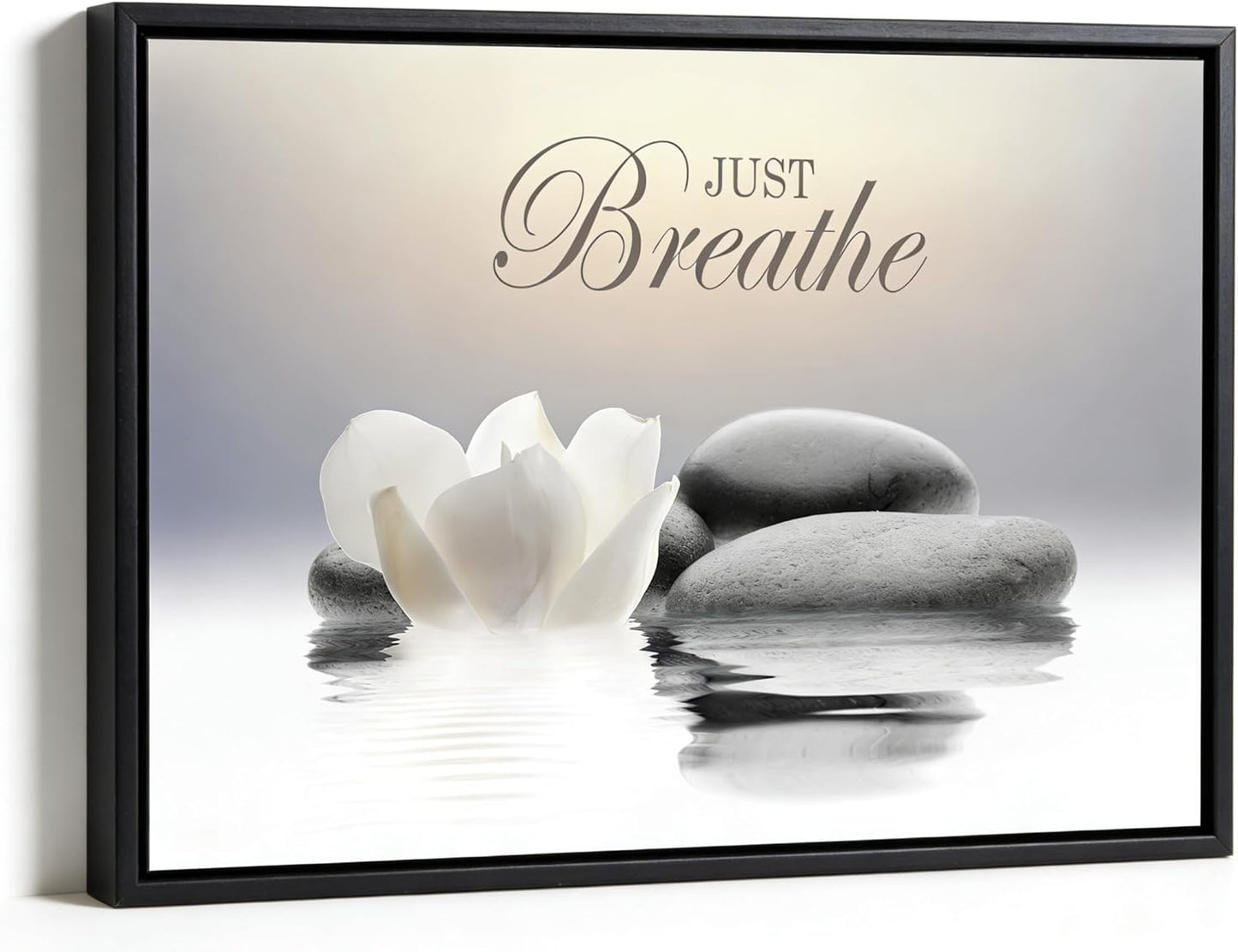 MKCIPJWC Zen Stone Wall Art - Just Breathe Yoga Quotes Canvas Print | White Lotus Flower 12x16 Inch