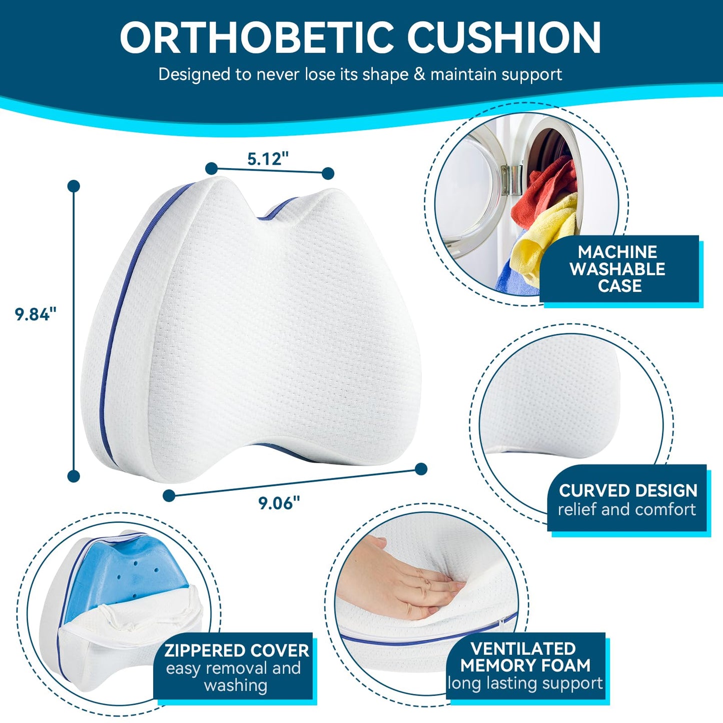 QISHFEN Knee Pillow for Side Sleepers Hip Pain Memory Foam - Leg Pillow for Side Sleeping Back, Sciatica, Knee Pain Relief - Side Sleeper Pillows with Washable Cover (2 Pack)