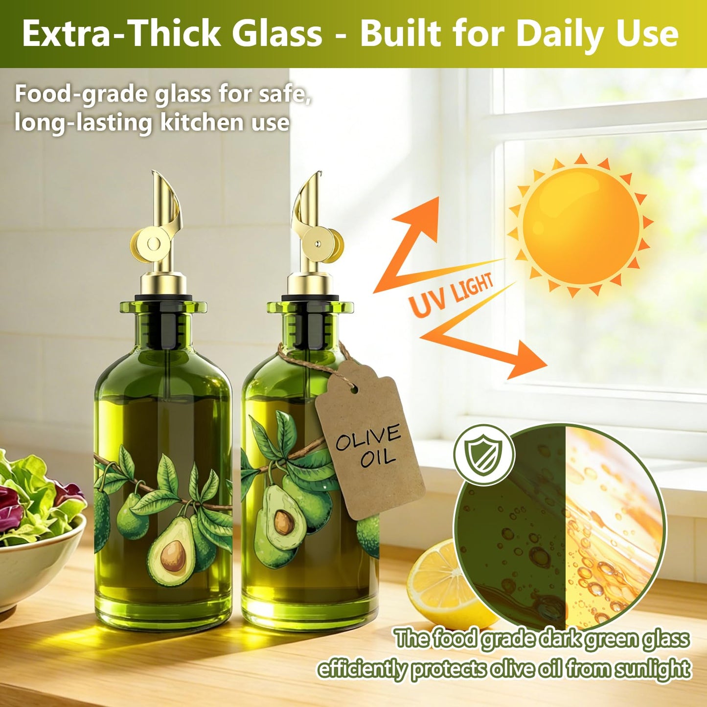 EJGIEGSO Olive Oil Dispenser Bottle for Kitchen, 12oz/350ml Extra Thick Glass Oil and Vinegar Cruet with Stainless Steel Pourer, Funnel & Cleaning Brush, Premium Oil Dispenser Set (Avocado)