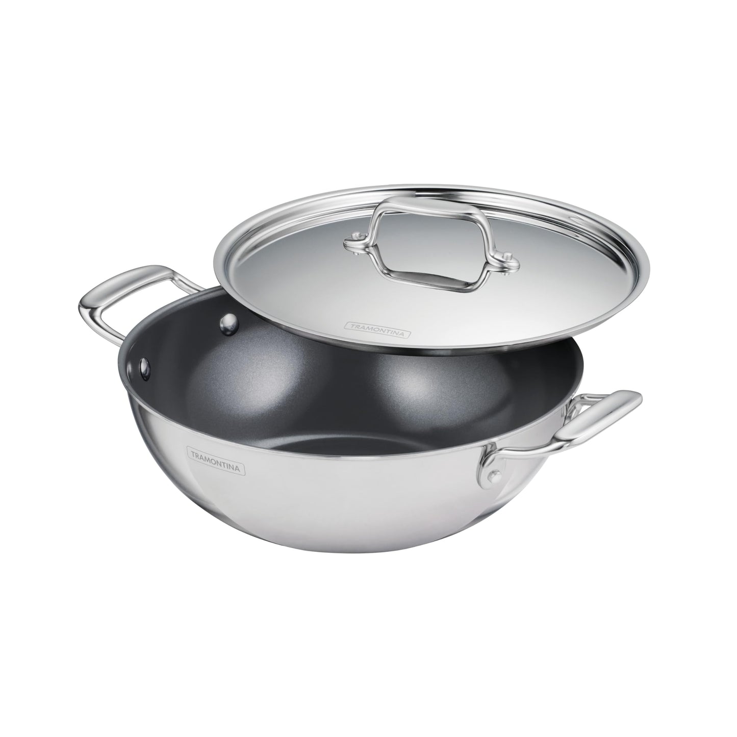 Tramontina Utsava Tri-Ply Clad Stainless Steel 4-Quart Kadai with Lid and Ceramic Non Stick Interior, Induction-Ready Large Kadhai Pot for Indian Cooking
