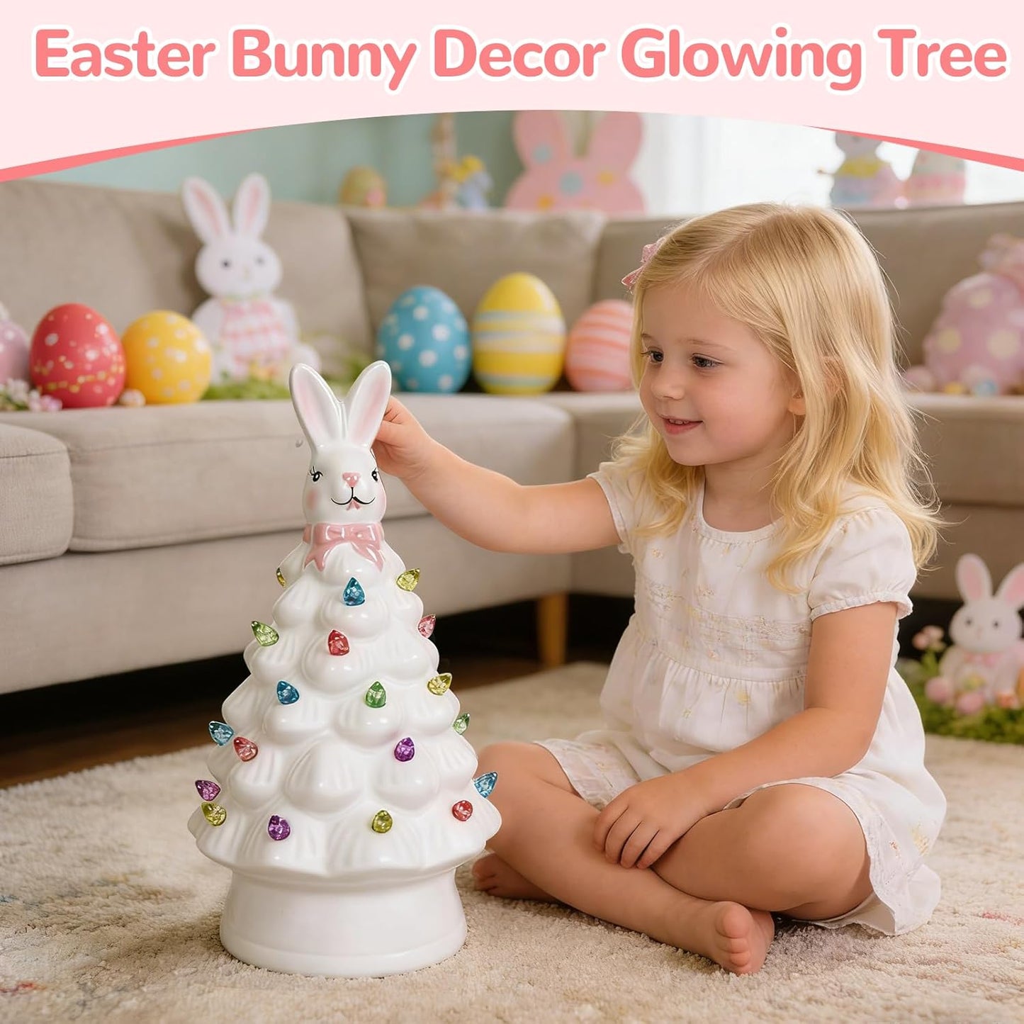 Skiennix Easter Decorations - Adorable Ceramic Bunny Tree Night Light for Home & Kids' Gifts