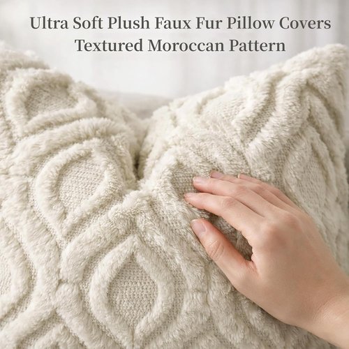 decorUhome Throw Pillow Covers - Soft Plush Faux Wool Beige | Set of 2, 18x18 Inch Square Accent Pillows for Living Room
