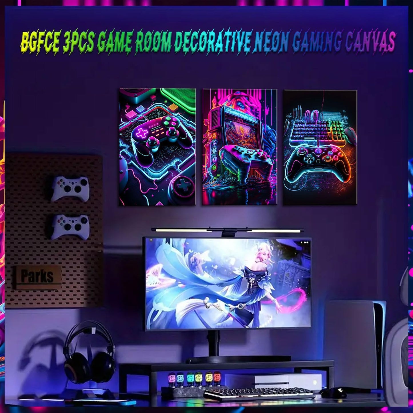BGFCE Neon Gaming Accessories Canvas Wall Art Set of 3 | Framed Posters for Game Room Decor 16x24in