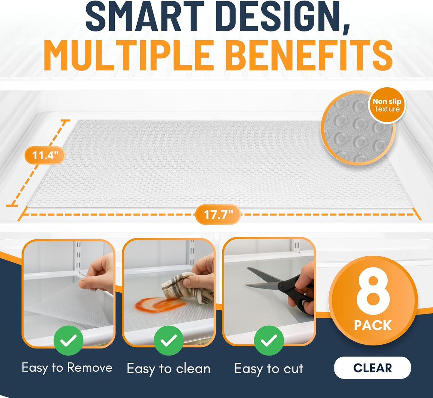 Linda’s Essentials Refrigerator Liners - Non-Adhesive, BPA-Free Shelf Mats | 8 Pack, Easy to Clean, Clear