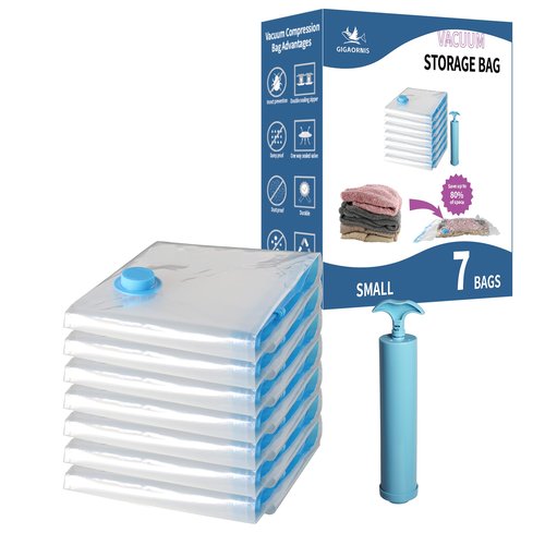 7 Pack Small Space Saver Vacuum Storage Bags for Clothing Travel, Vacuum Seal Compression Bags for Clothes, Packing, Luggage, Blankets, Comforters and Pillows, Hand Pump Included