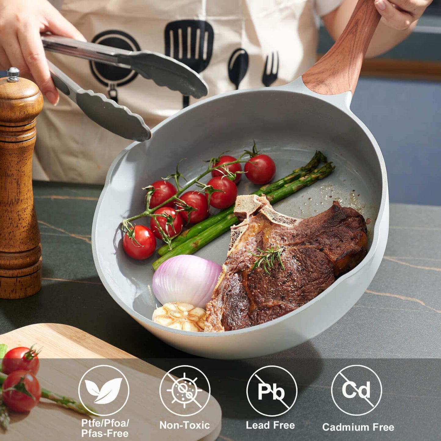 Skiennix Nonstick Frying Pan - 10.2-Inch Ceramic Skillet with Lid & Pour Spout | PFOA-Free, Induction Compatible (White)
