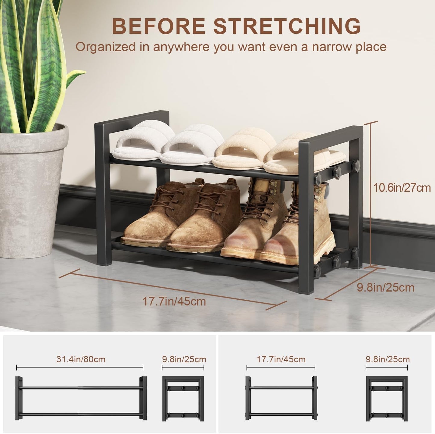 Skiennix 2-Tier Expandable Shoe Rack - Adjustable Heavy-Duty Metal Organizer for Entryway | Black