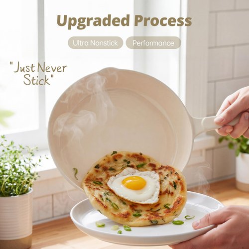 Hteizpz Enameled Cast Iron Skillet 3-Piece Set, Nonstick Heavy-Duty 11", 10", 8.6" Frying Pan, Oven & Induction Safe, Cookware for Gas, Electric, Ceramic Stovetops, White