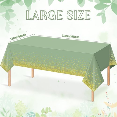 FunnyPars 1 Pack Sage Green and Gold Plastic Tablecloth, Green Disposable Table Cloth for Rectangle Tables, Gold Dot Light Green Tablecloth for Baby Shower Birthday Wedding Party Decorations, 54"x108"