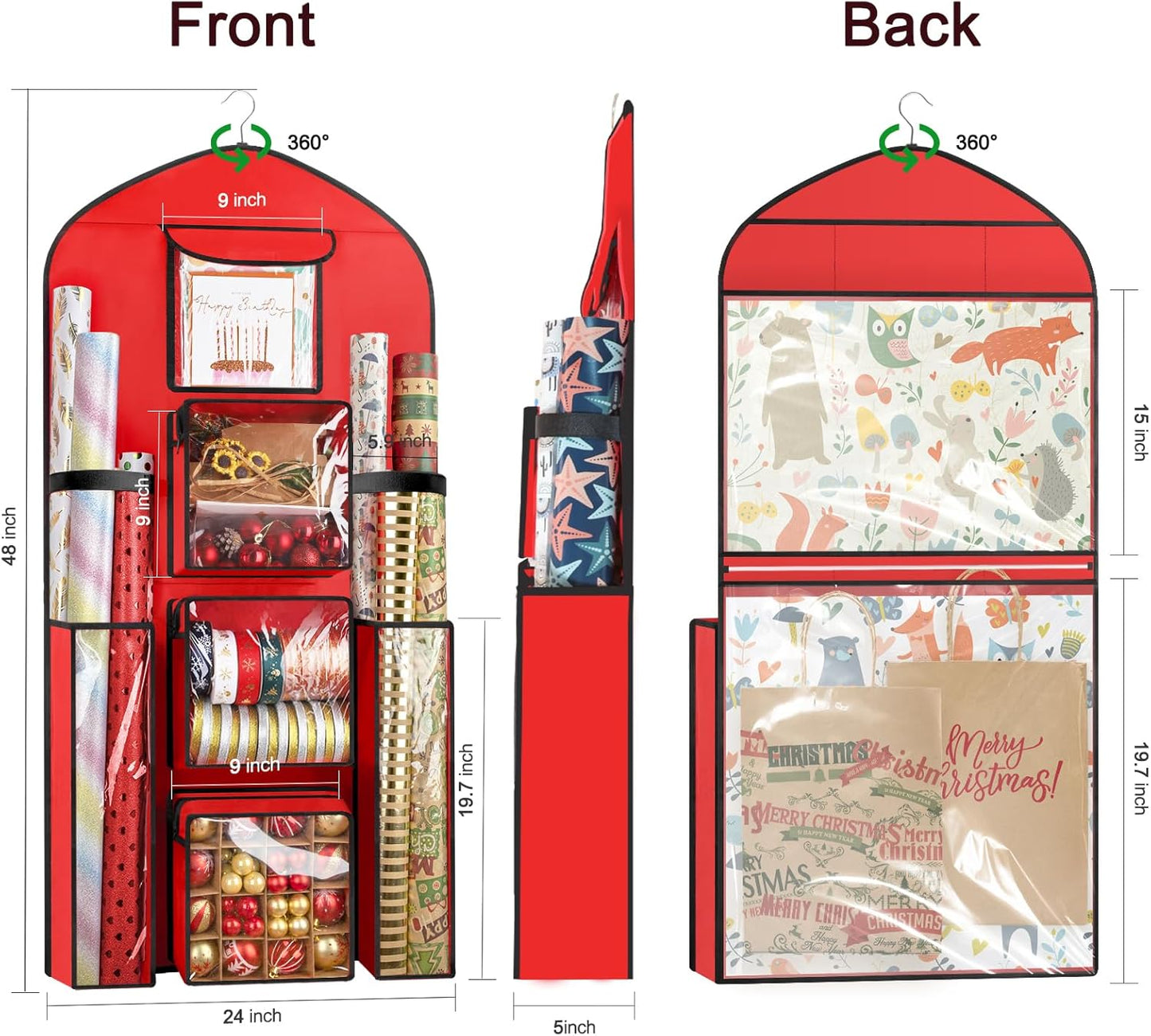 Woodoulogy Extra Large Red Double-Sided Christmas Gift Wrapping Paper Storage - 48x24 Oxford Organizer
