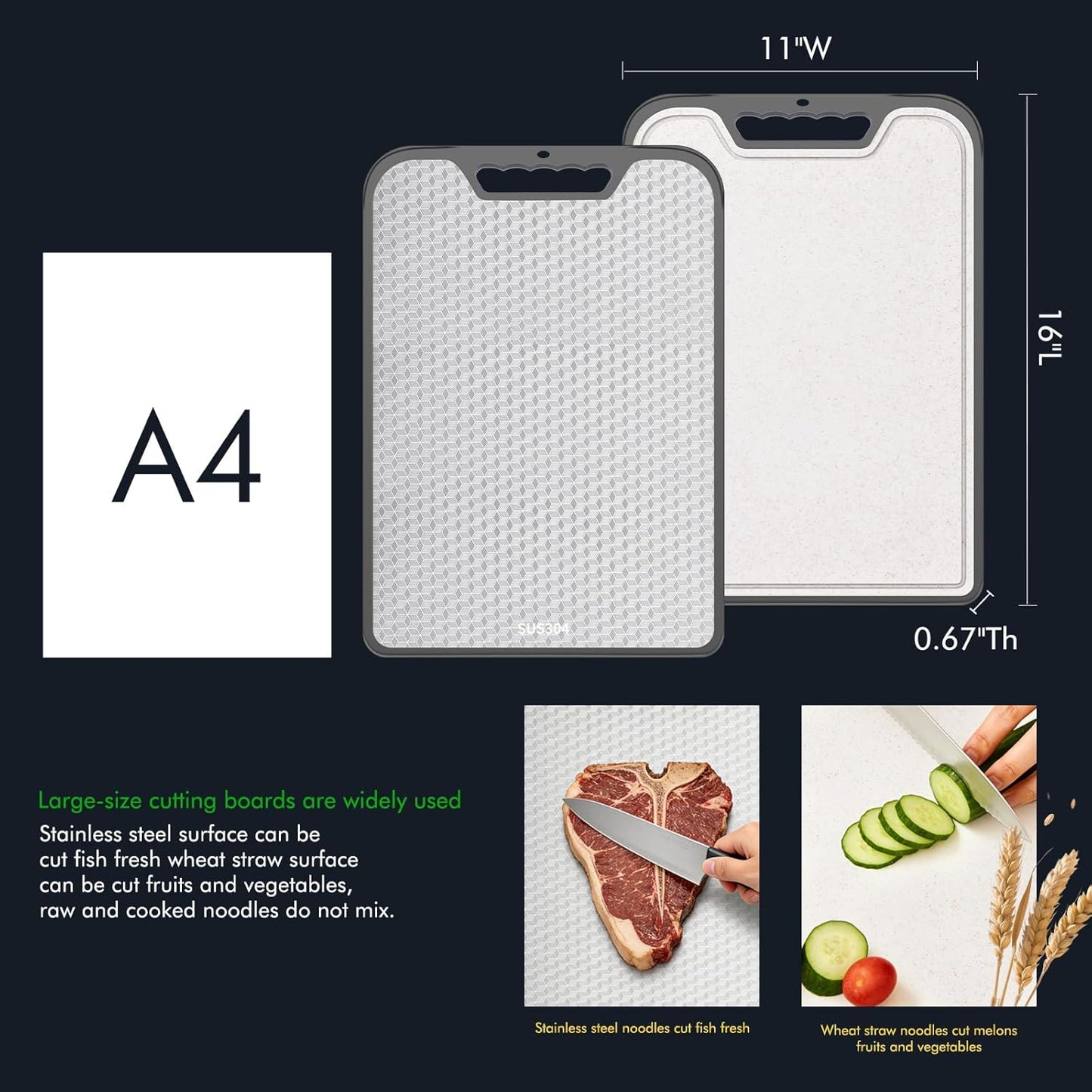 Skiennix Stainless Steel Cutting Board - Double-Sided, Food Grade, Easy to Clean | Large 16” x 11”