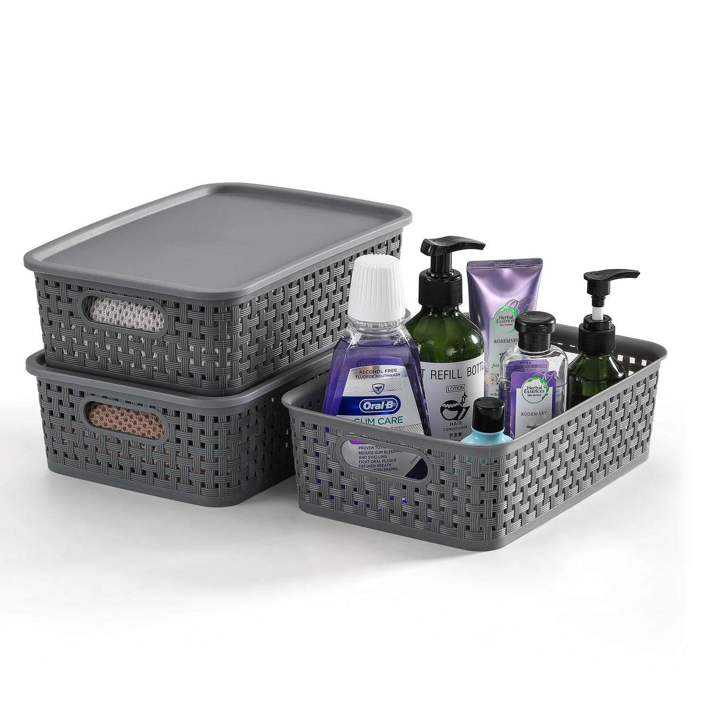 NETANY [ 8 Pack ] Plastic Storage Baskets With Lids, Small Pantry Organization, Stackable Storage Bins, Household Organizers for Cabinets, Countertop, Drawers, Under Sink or On Shelves,Gray